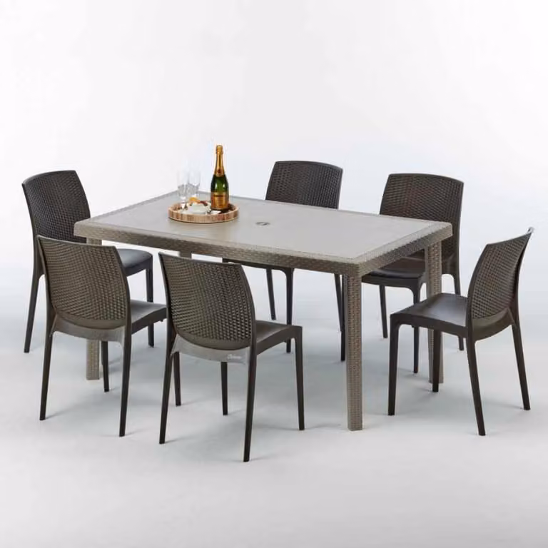 Tavolo rettangolare in polyrattan con 6 sedie colorate 150x90 Beige Marion