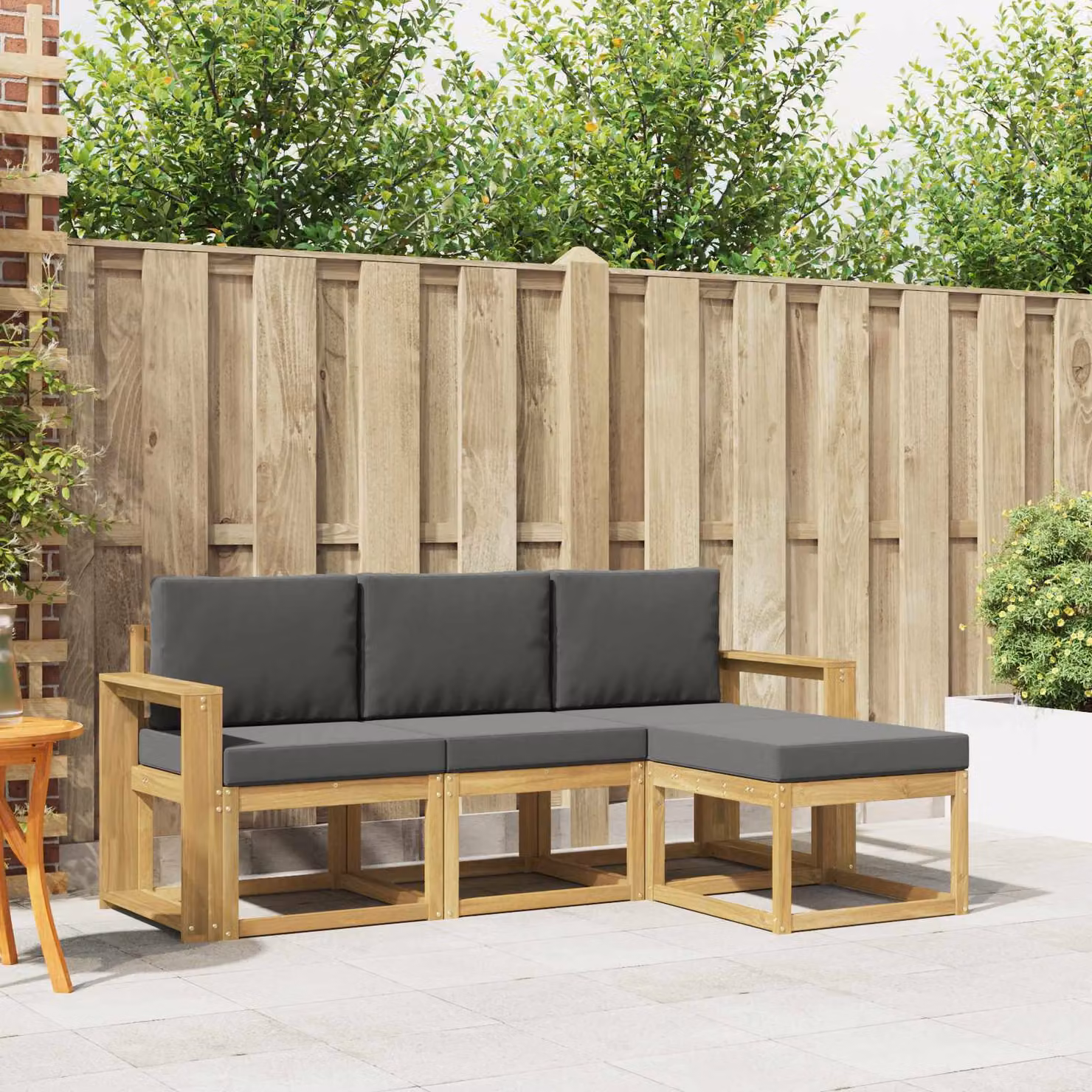 Set di divani da esterno vidaXL a forma di L in legno di acacia con cuscini, marrone e grigio
