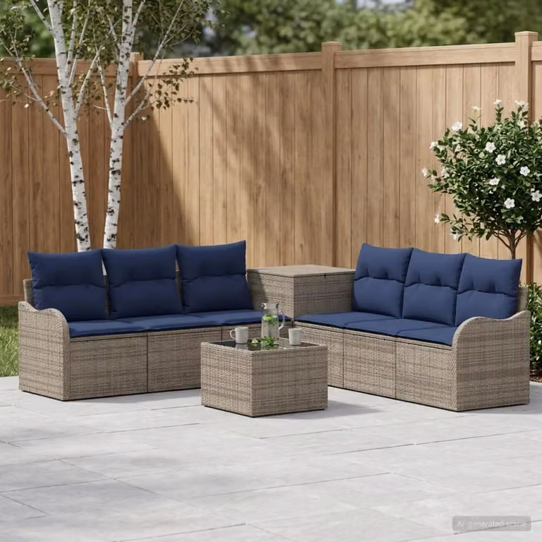 Set di divani da giardino vidaXL a forma di U composto da 8 pezzi in rattan sintetico e metallo con cuscini in tessuto Grigio e Blu Navy