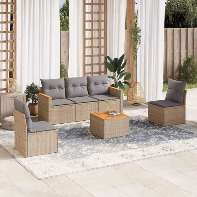 vidaXL Set Divano da Giardino 6 pz in Polyrattan con Cuscini Beige e Grigio e Tavolino da Esterno