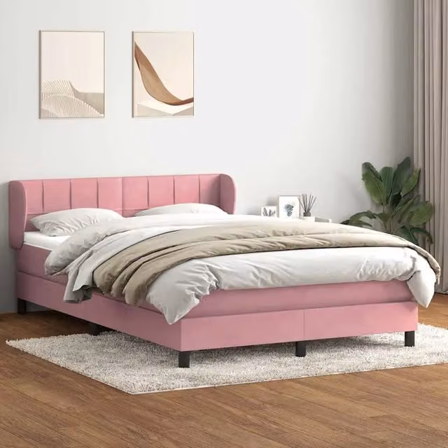 Letto con Giroletto a Molle e Materasso Ibrido vidaXL in Velluto Rosa e Bianco L: 163 cm, P: 213 cm