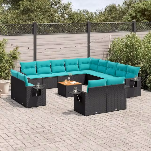 Set di Divani da Giardino a Forma di U vidaXL in Polyrattan Nero con Cuscini Blu e Tavolino da Caffè