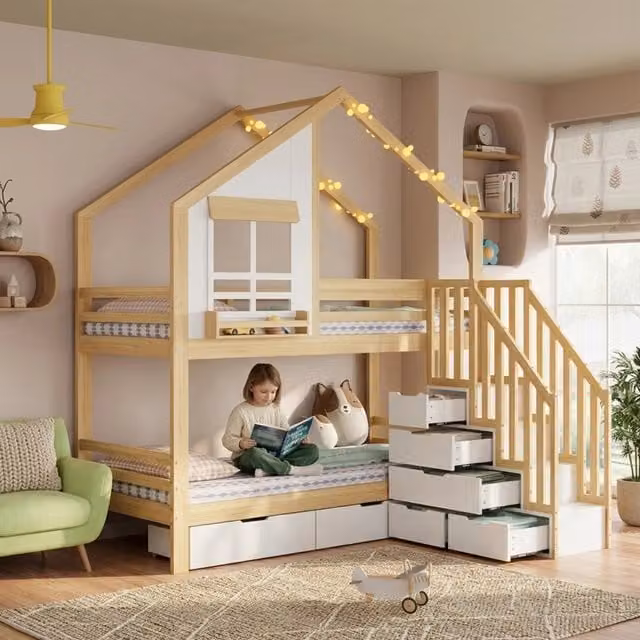 Letto a castello per bambini con cassetti e finestre, 90x200 cm, bianco/naturale