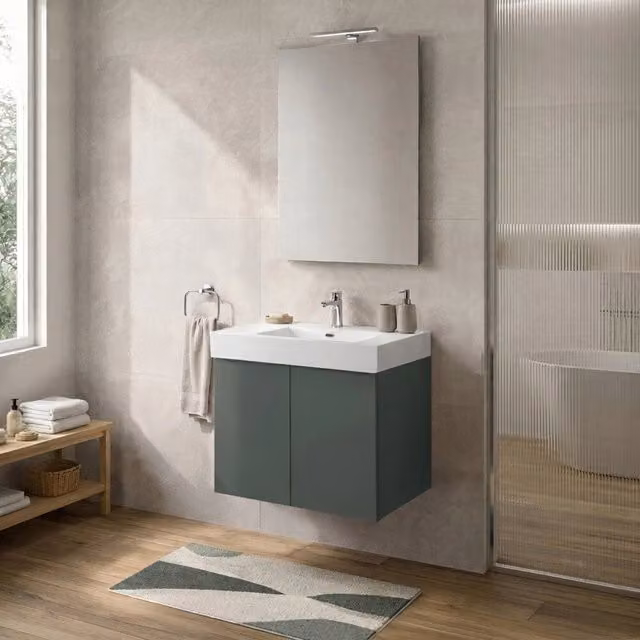 Mobile bagno sospeso Tierra INBAGNO verde con due ante e lavabo in resina L: 60 cm, P: 50 cm, H: 45 cm
