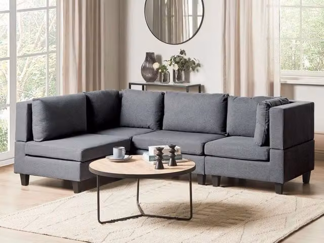 Divano componibile a 4 posti Beliani in tessuto grigio scuro con ottomana, stile moderno, lato destro, L/P/H: 228 x 152 x 80 cm – 1