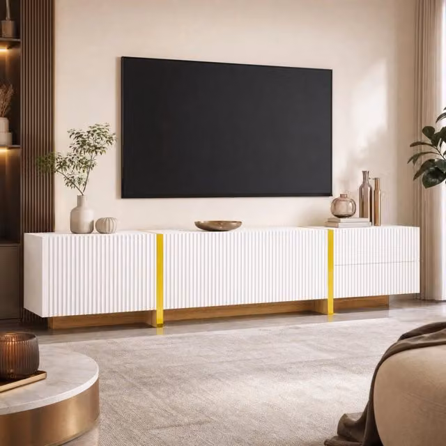 Mobile TV 190 cm con 3 Ante, 2 Cassetti, Bianco con Accenti Oro e Venature Legno