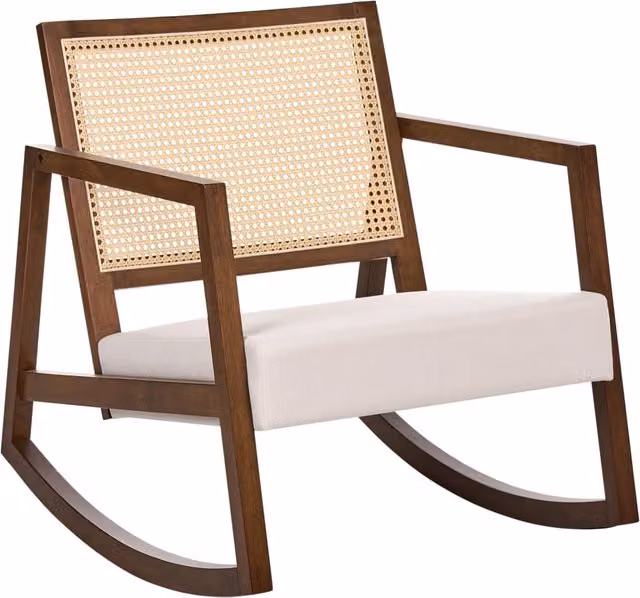 Poltrona a dondolo con rivestimento in tessuto beige chiaro e legno marroneschienale intrecciato struttura in legno per salotto e camera da letto