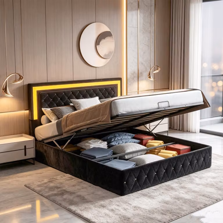 Letto matrimoniale idraulico con contenitore 160x200 cm, imbottito con LED e testiera, completo di rete a doghe, adatto anche per ragazzi, rivestito in velluto, colore nero
