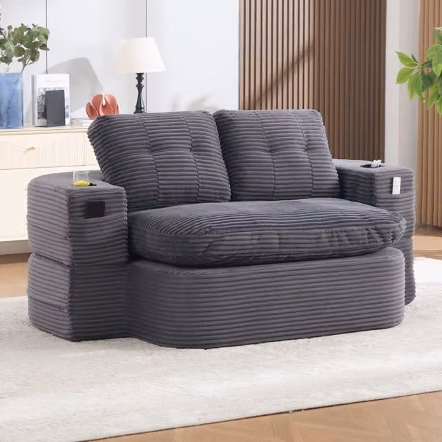 Divano letto 2 posti 2 in 1 in velluto a coste grigio scuro con portabicchieri per soggiorno