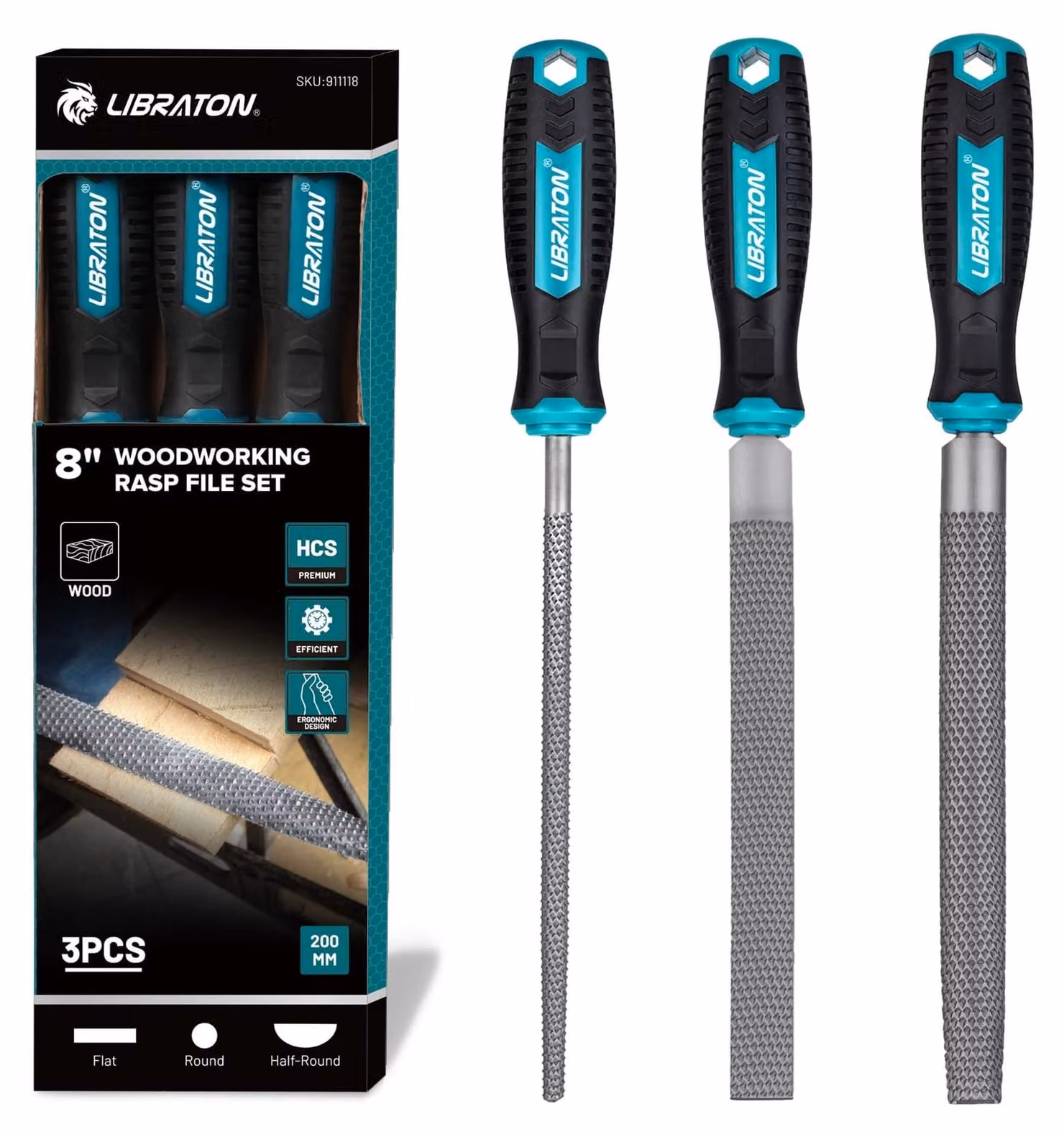 Set di 3 lime per la lavorazione del legno, con impugnature ergonomiche