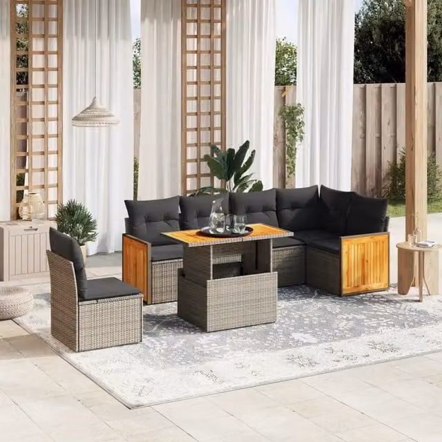 Set Divani da Giardino 7 pz con Cuscini Grigio in Polyrattan 3273986