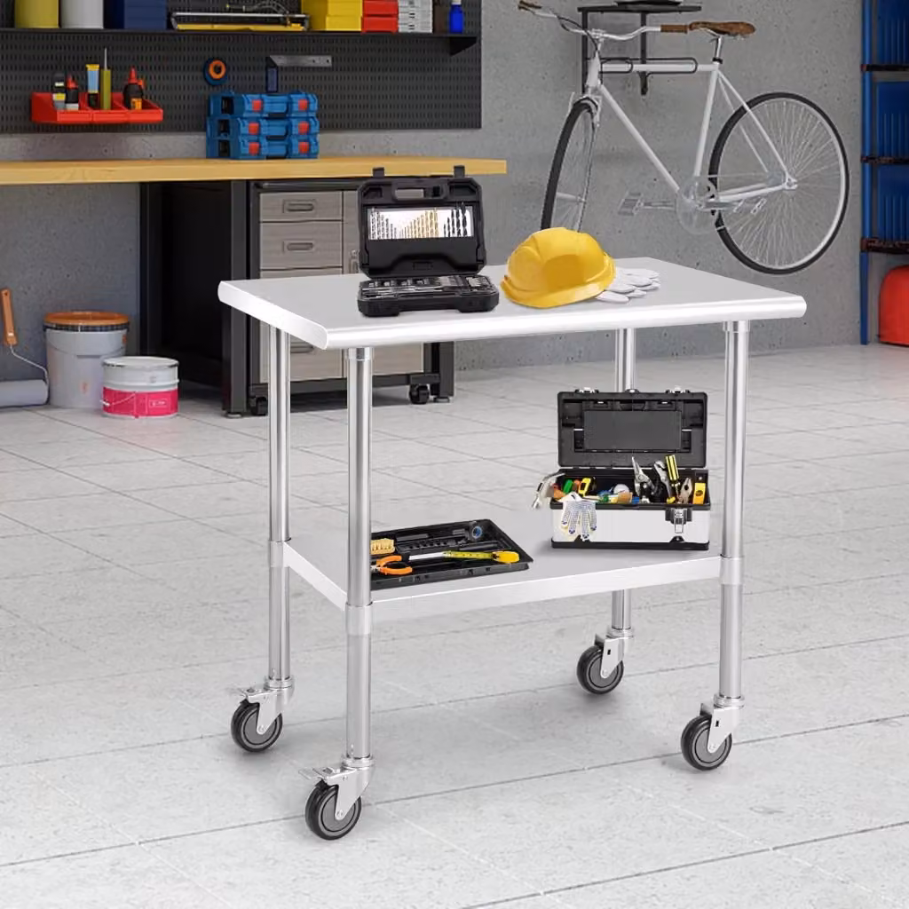 Costway Tavolo da lavoro in acciaio con 2 ripiani regolabili e ruote, Argento, L 91,5 cm x P 61 cm x H 89,5 cm – 2