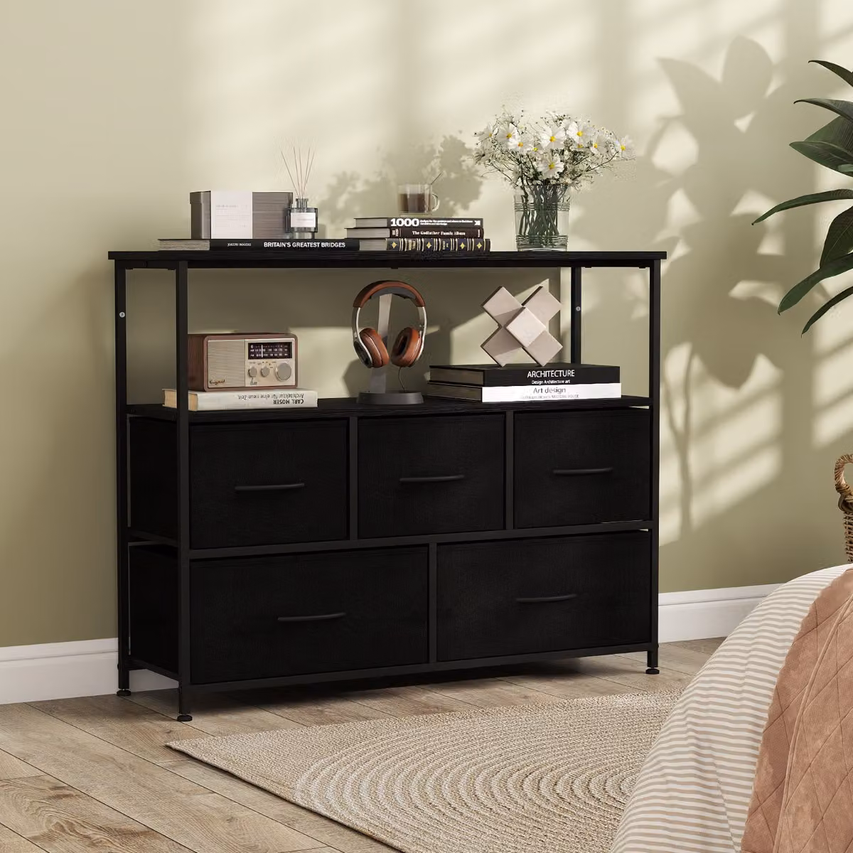 Comò Costway per camera da letto con 5 cassetti in legno e MDF, unità organizzatore moderna colore nero
