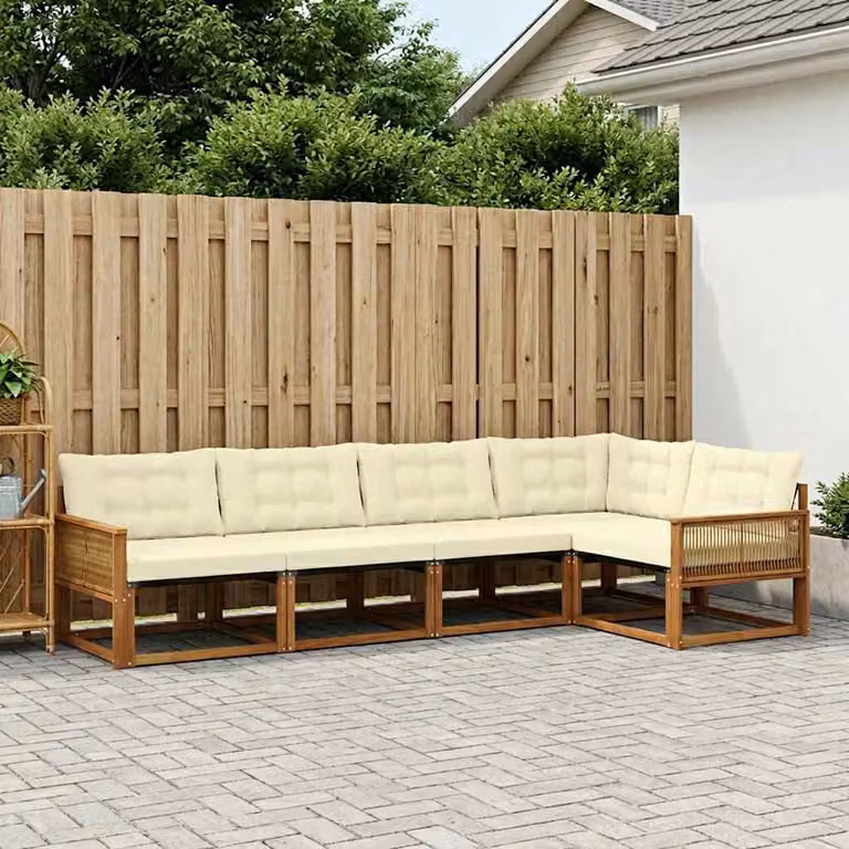 Set di divani da esterno a L vidaXL in legno di acacia con cuscini beige e crema