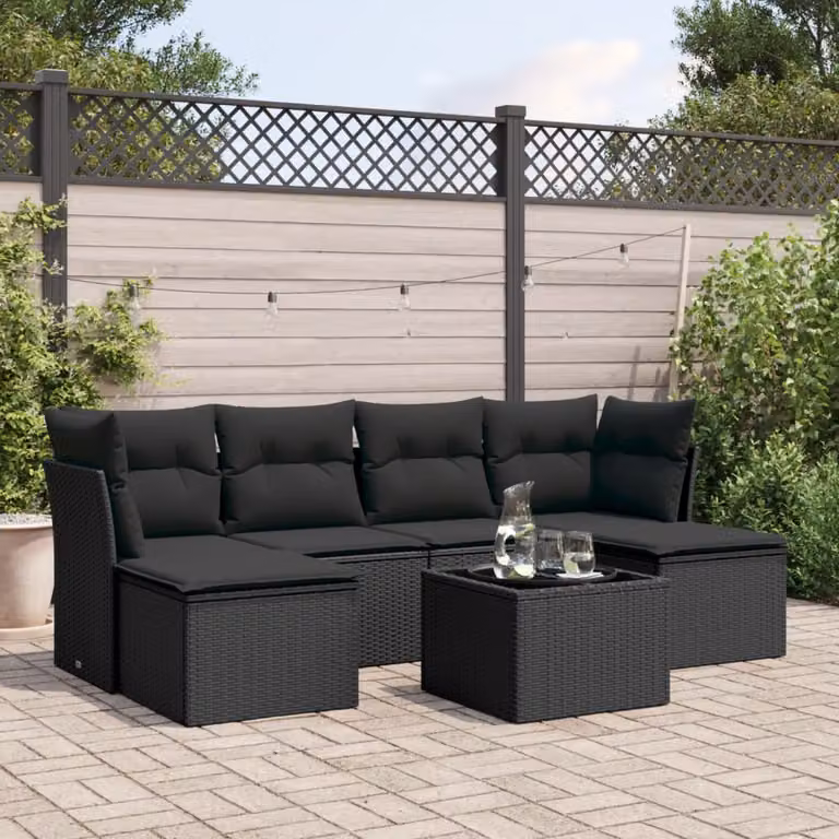 vidaXL Set Divani da Giardino a L con Cuscini 7pz Nero Polyrattan e Tavolino