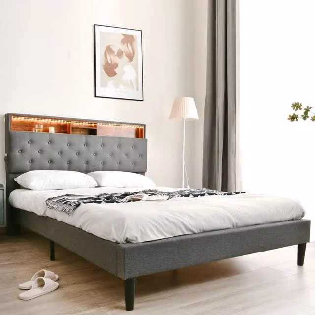 Letto Contenitore Imbottito con LED ¨C MINIMAL ¨C Grigio, 140x200, con materasso