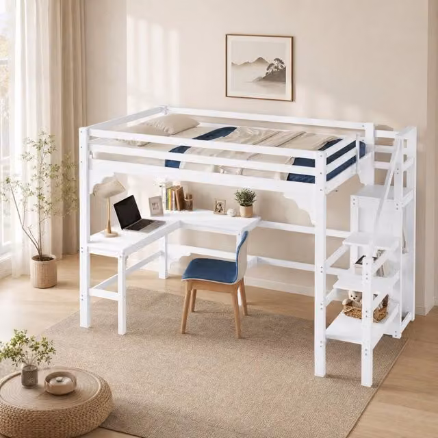 Letto a soppalco 140 x 200 cm bianco con scrivania a L e armadio aperto