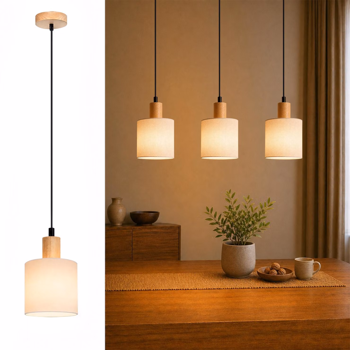 Lampada a sospensione ZMH, lampada da tavolo in legno per sala da pranzo, a una luce, stile vintage, con paralume in tessuto, attacco E14, lampada a sospensione per soggiorno, ristorante, camera da letto, cucina, colore bianco