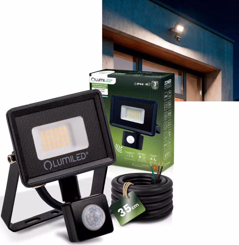 Faretto LED LUMILED con sensore di movimento per esterni 20W 1800lm Bianco neutro 4000K IP44 Resistente agli spruzzi d'acqua Faretto LED per esterni per giardino, garage, cortile, parete Sensore crepuscolare Faretti Proiettori Faretti neri