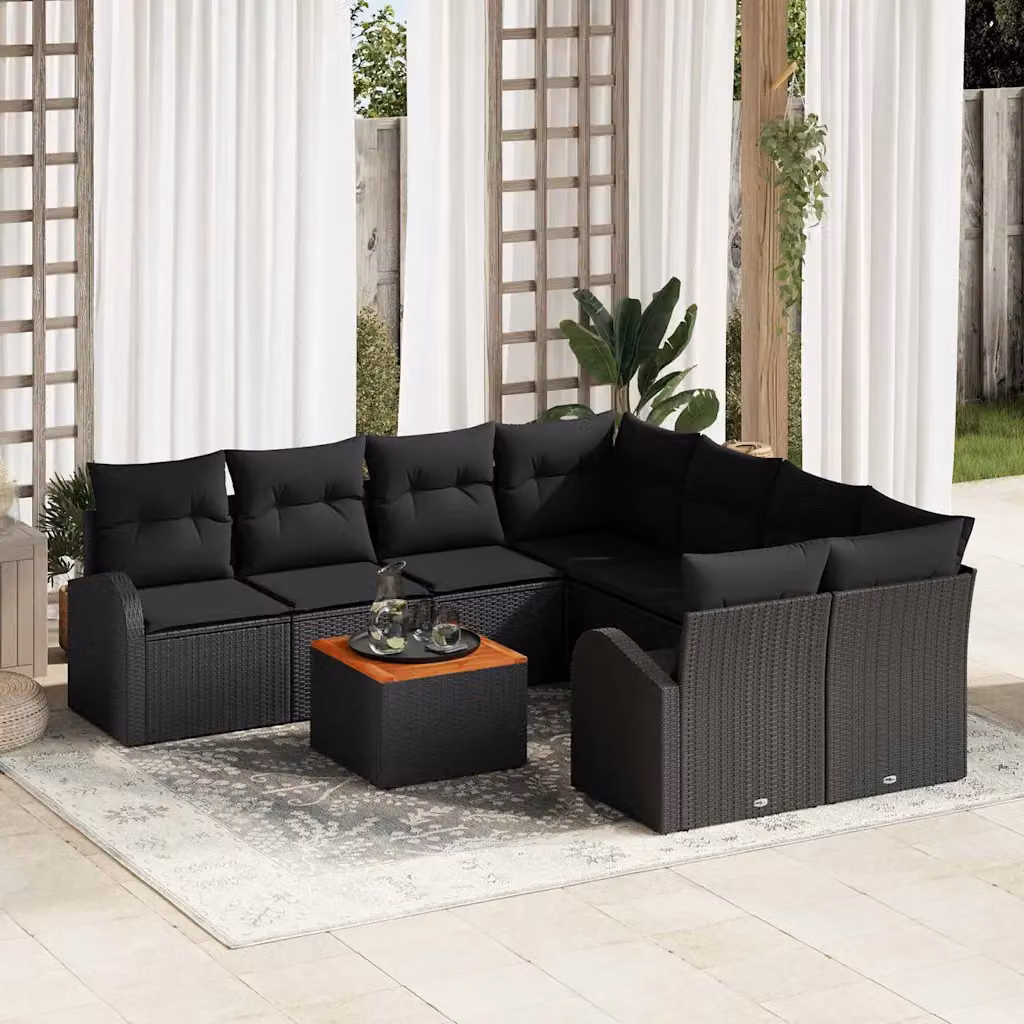 Set Divano da Giardino vidaXL 9 pz Nero con Cuscini e Contenitore per Archiviazione in Polyrattan e Acciaio – 1
