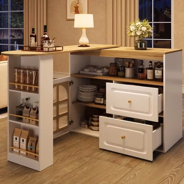 Mobile bar WISHDOR bianco con piano girevole 360° allungabile, 2 cassetti e anta in vetro, L: 138-204 cm, P: 39 cm, H: 104 cm – 1