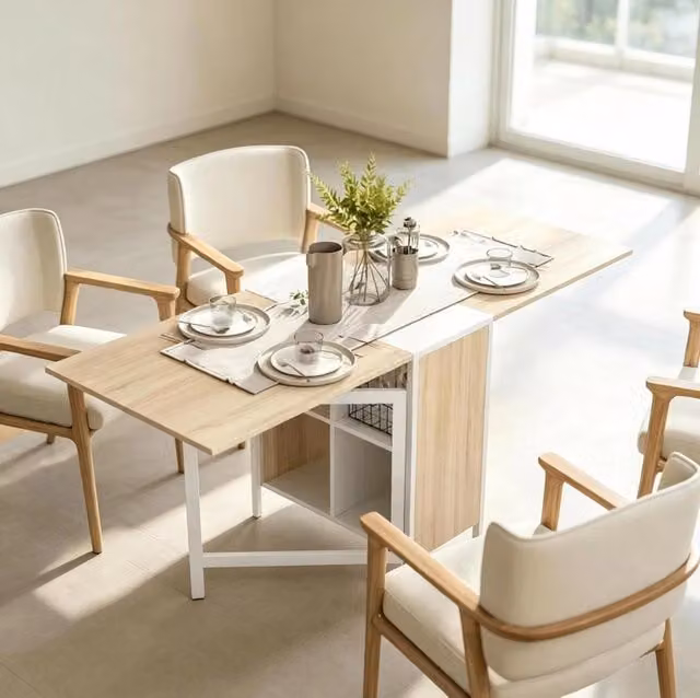 Tavolo da pranzo allungabile moderno in MDF con finitura effetto quercia chiara e bianco, con ripiani integrati