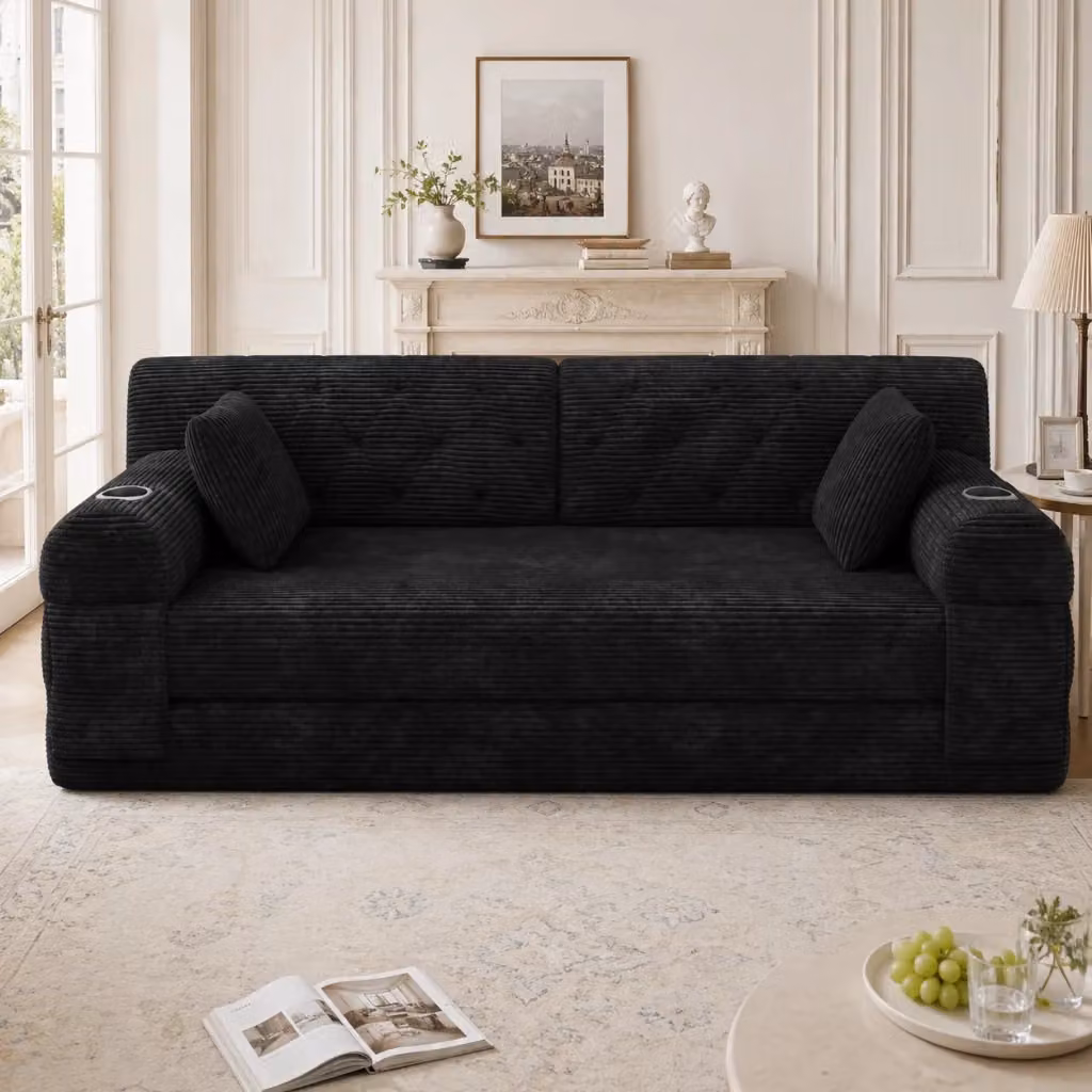Divano letto REDOM a 2 posti in velluto a coste nero con portabicchieri e funzione letto, L/P/H: 168 x 80 x 81 cm – 2