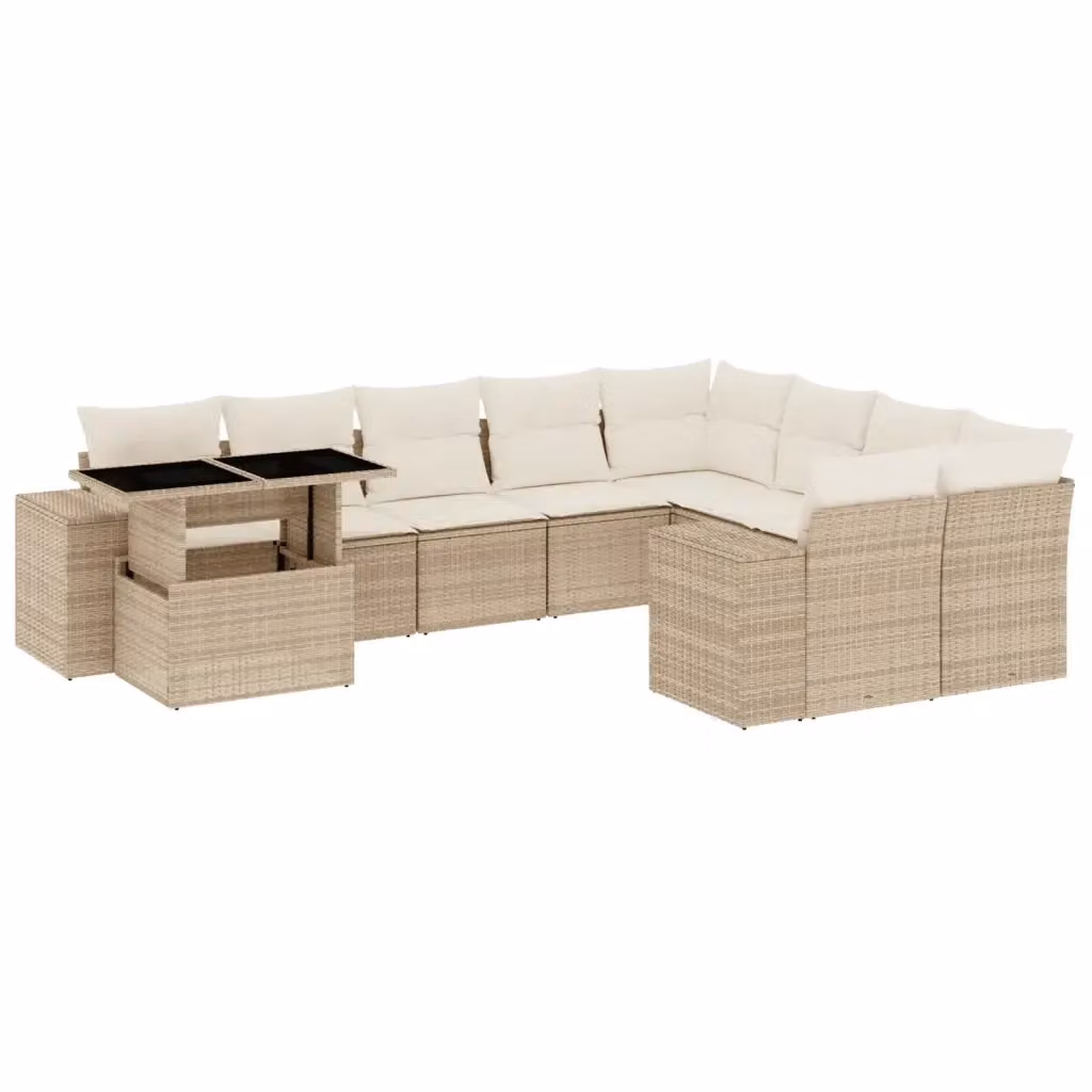 Set Divano da Giardino vidaXL 10 Pezzi a Forma di U in Polyrattan con Cuscini Beige e Tavolino – 2