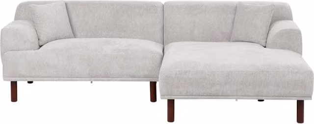 Divano ad angolo sinistro BELIANI in tessuto grigio con pouf e cuscini coordinati, stile minimalista, L: 241 cm x P: 159 cm x H: 82 cm