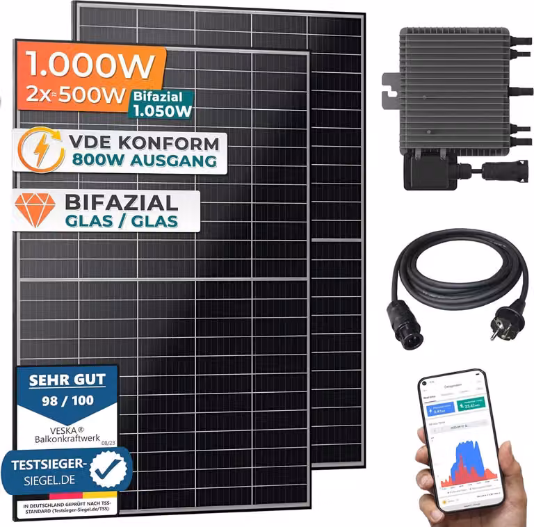 Centrale elettrica da balcone 1000 W Sistema solare bifacciale vetro/vetro Pronto per l'allacciamento WIFI Mini impianto fotovoltaico Aggiornabile 800 watt senza licenza, nero