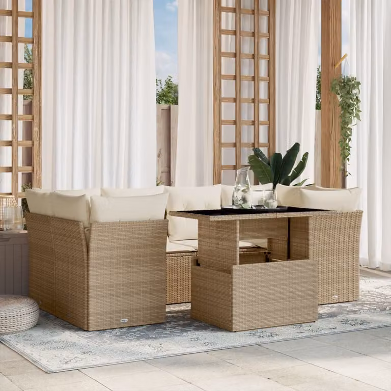 Set di divani da giardino vidaXL 7 pezzi in rattan con cuscini beige e tavolino da esterno