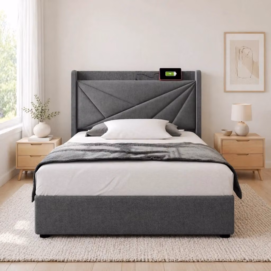 Letto contenitore Mivray con testiera imbottita in cotone e lino grigio, porte USB e Type-C, L/P/H: 90 x 200 x 107 cm – 2