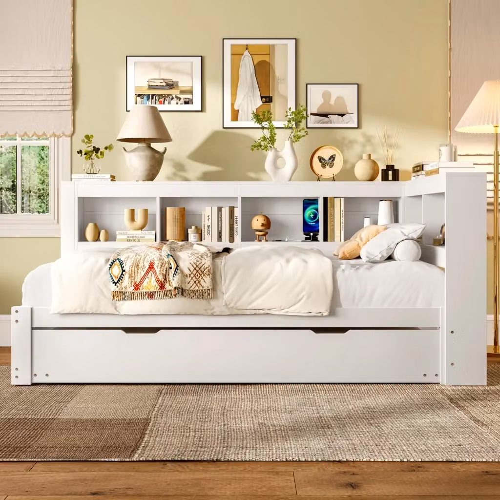 Letto singolo estraibile moderno in legno bianco con ripiani, porte USB e cassetti, L/P/H: 219 x 90 x 56 cm – 2
