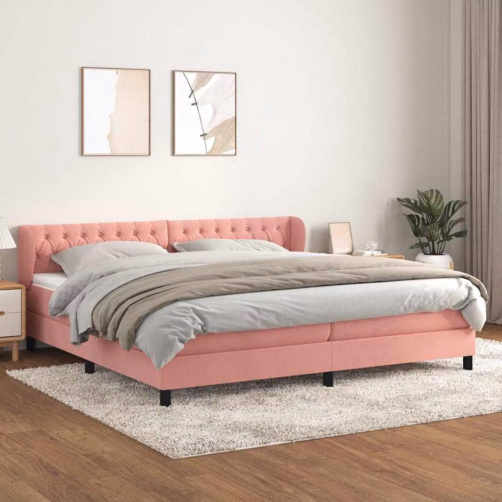 vidaXL Giroletto a Molle con Materasso in Velluto Rosa e Bianco, L/P: 200 x 200 cm – 1