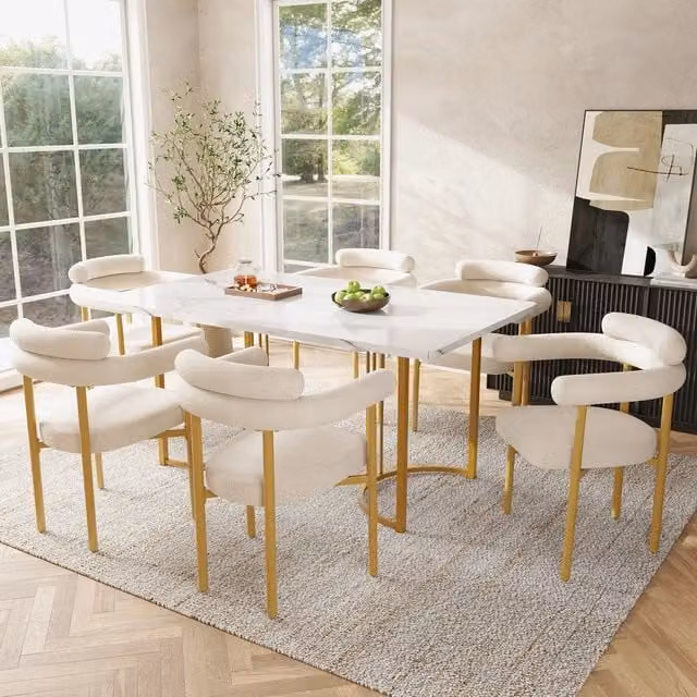 Set tavolo da pranzo e sedie ¨C Minimal ¨C 7 pezzi, gambe in metallo, 6 sedie velluto beige, effetto pelle scamosciata