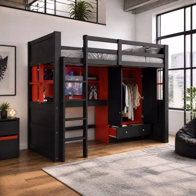 Letto a castello REDOM moderno in legno con scrivania, armadio e cassetti, colore nero e rosso, L/P: 90 x 200 cm – 1