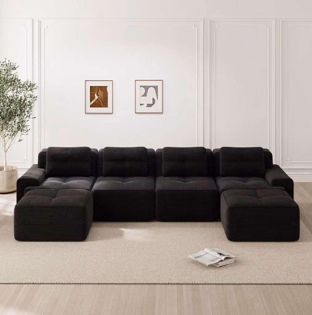 Divano modulare MODFU a 4 posti con chaise longue a U in velluto a coste nero L: 382 cm, P: 177 cm, H: 69 cm – 2