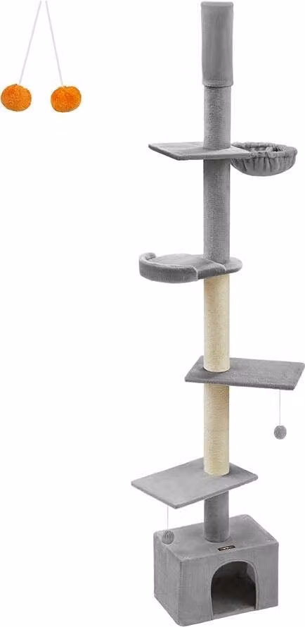 Torre per gatti Rootz Ceiling High - Tiragraffi - Torre per gatti - Altezza regolabile - Grigio chiaro - MDF, compensato, peluche, sisal - 45 cm x 30 cm x (231-291 cm)