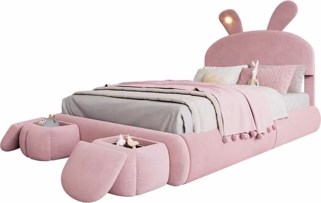Letto contenitore rosa 140x200 cm con testiera a orecchie di coniglio, LED regolabile, sollevamento idraulico e sgabelli portaoggetti