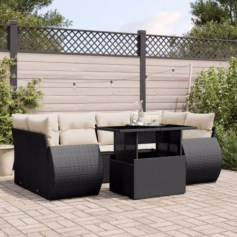 vidaXL Set Divano da Giardino a L con 7 Pezzi, Polyrattan Nero con Cuscini e Tavolino in Vetro