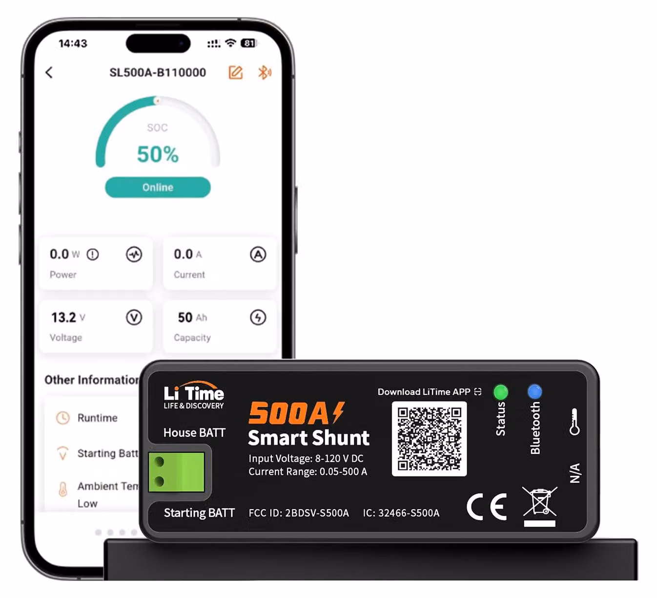 Monitor per batteria Bluetooth Smart Shunt 500A, compatibile con batterie da 8V a 120V