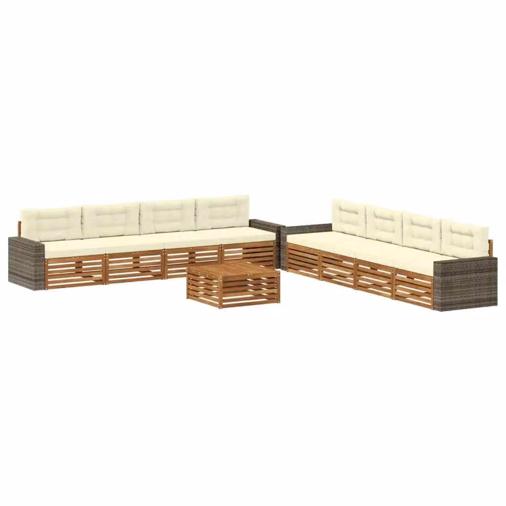 Set di divani da esterno a forma di U con tavolino da caffè vidaXL, 9 pezzi in legno di acacia e tessuto beige e bianco resistente ai raggi UV – 2