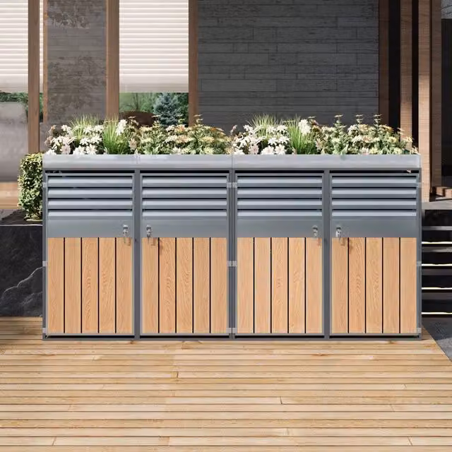 Copribidoni con fioriera integrata quattro ante ventilate e chiudibili in acciaio zincato grigio effetto legno