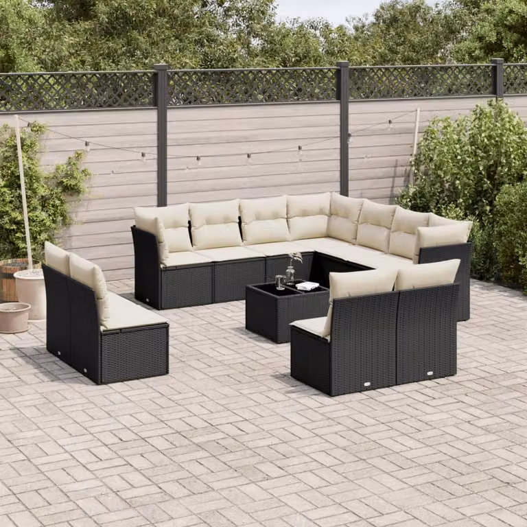 Set di divani da giardino vidaXL a forma di U composto da 12 pezzi con cuscini e tavolino, nero e bianco, in rattan e metallo con coperture rimovibili e tessuto resistente ai raggi UV
