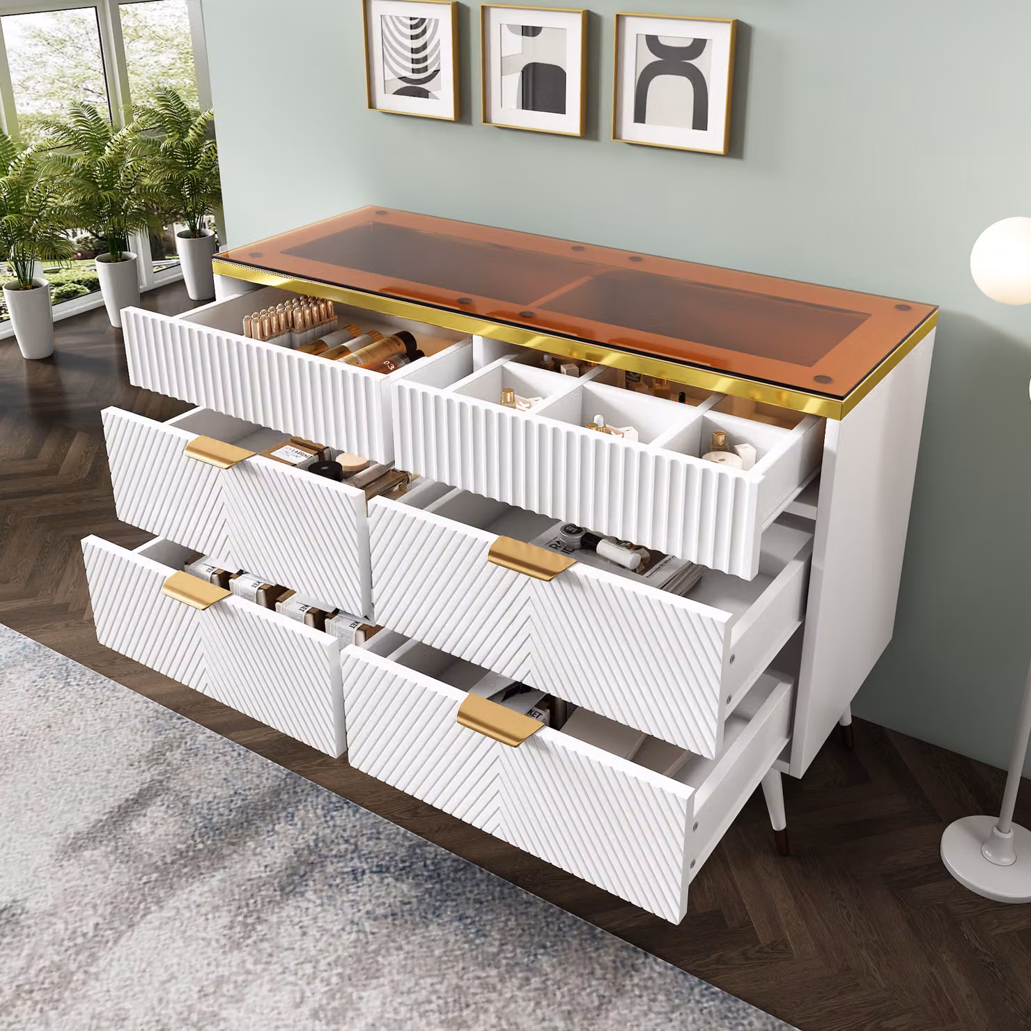 Credenza Flieks con piano in vetro, cassettiera per soggiorno con 6 cassetti, credenza con ripiano regolabile, 120x40x76cm bianco