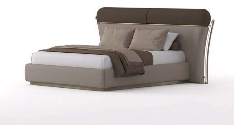 Camera da letto, letto matrimoniale, stile moderno, letto imbottito, colore marrone