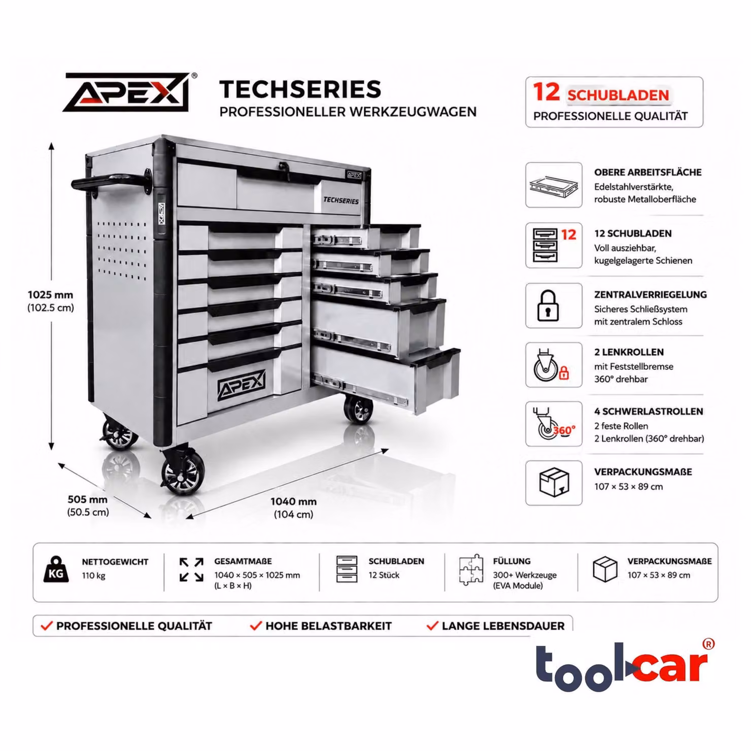 Carrello attrezzi Toolcar APEX Jumbo Pro 12, color argento, completo di utensili