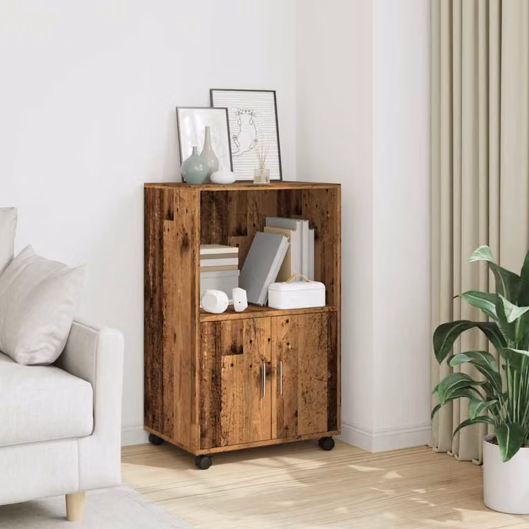 Mobiletto con Ruote vidaXL in Legno Antico Marrone con Ripiani e Ante, L: 55 cm, P: 40 cm, H: 91 cm