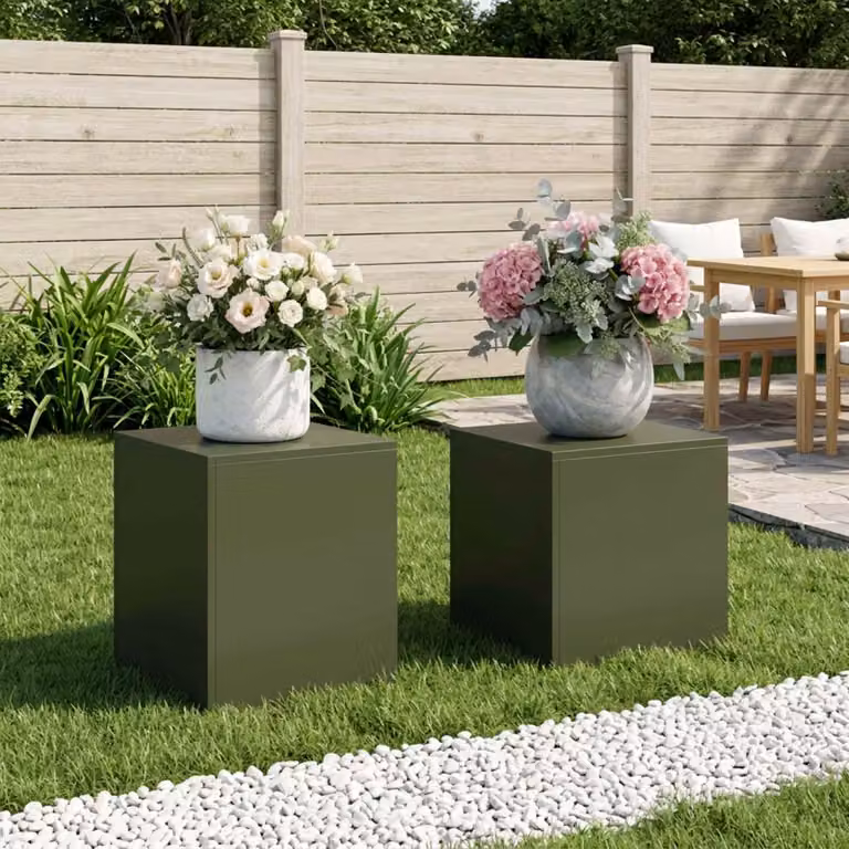 Set di 2 supporti per piante vidaXL in acciaio verde oliva L/P/H: 40 x 40 x 40 cm