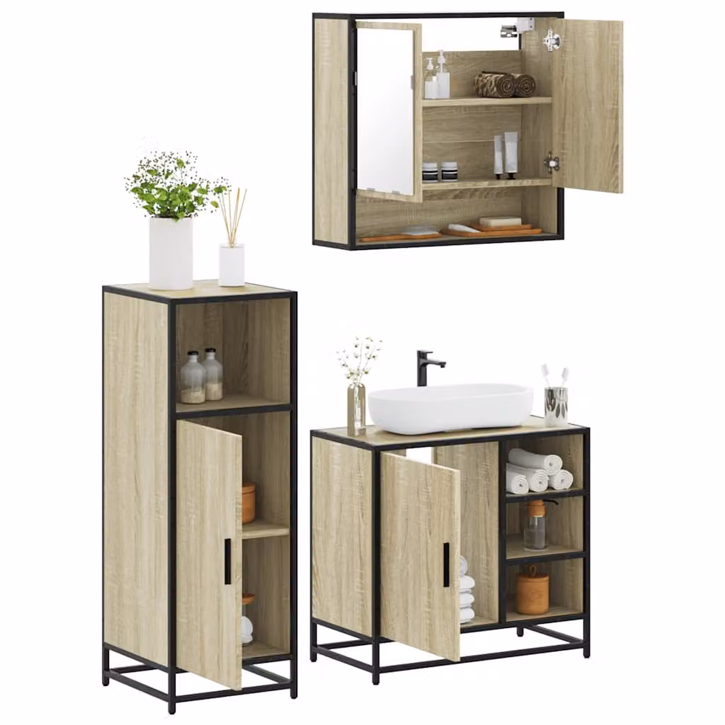 Set di mobili da bagno industrial vidaXL in legno e metallo color rovere, composto da mobile sottolavabo, pensile con specchio e mobile laterale